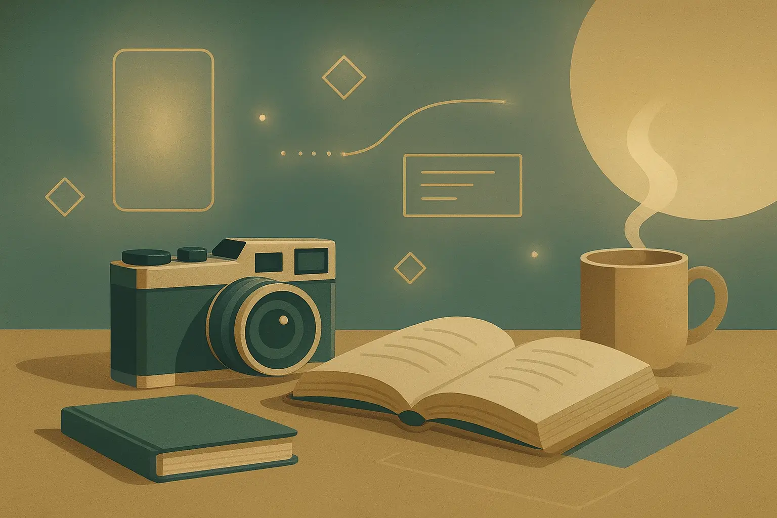 Muted vector illustration of an open book, vintage camera, notebook and steaming coffee cup on a desk with soft digital elements in the background symbolising creativity and mindful productivity.