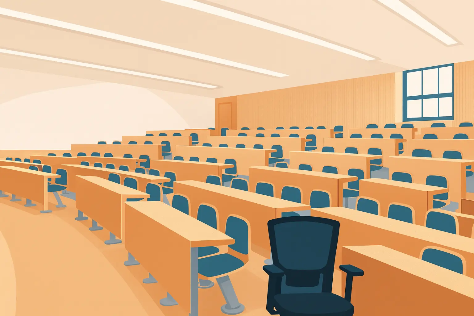Modern editorial vector illustration of an empty university lecture hall with tiered seating, wooden desks, and blue chairs, wide 2:1 format.