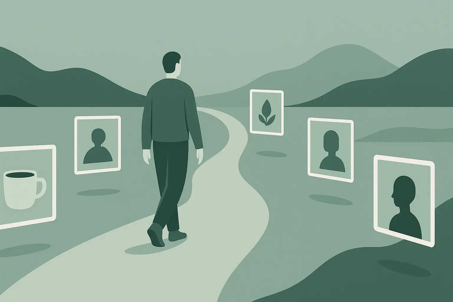 Modern flat vector illustration of a person walking along a curved path through floating memory icons, symbolizing documenting life and reflecting on personal memories.