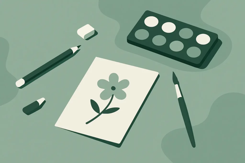 Abstract flat vector illustration showing imperfect creative tools and notes, symbolizing messy progress and imperfect documentation.