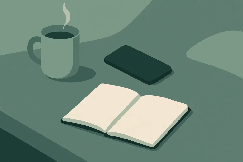 Minimal flat vector illustration of a coffee mug, open notebook, and smartphone on a table, symbolizing small everyday moments.