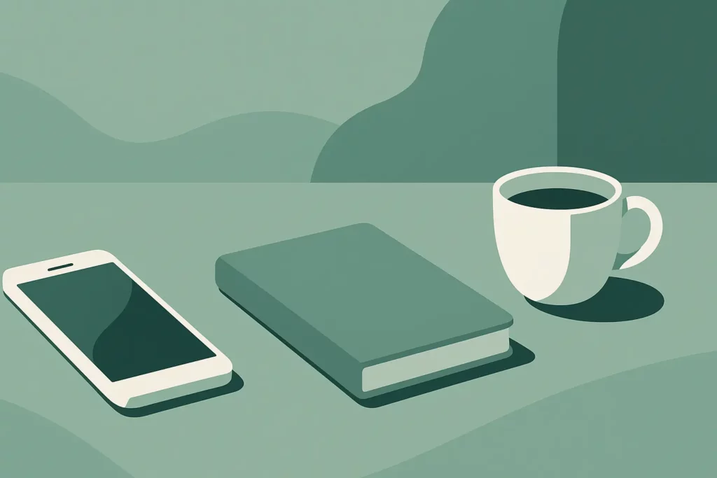 Minimal flat vector illustration of a desk with a smartphone, notebook, and coffee cup, representing quiet reflection and everyday moments.