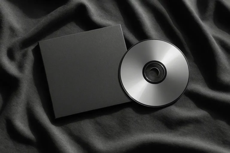 Minimalist black CD case and silver disc on dark fabric background.