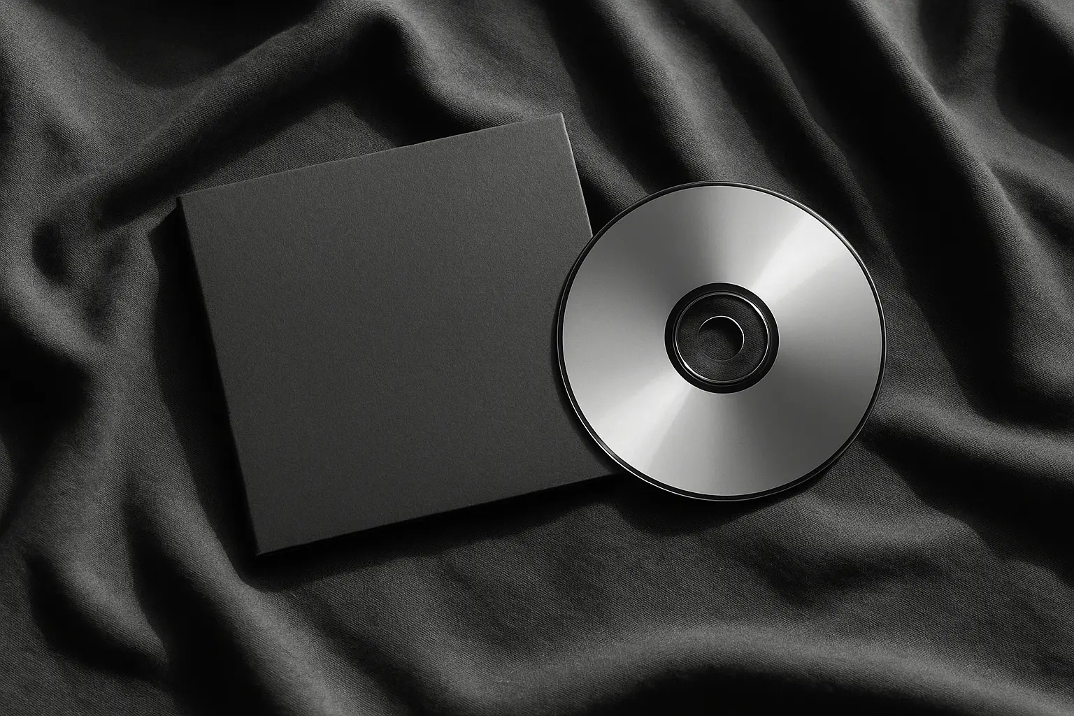 Minimalist black CD case and silver disc on dark fabric background.