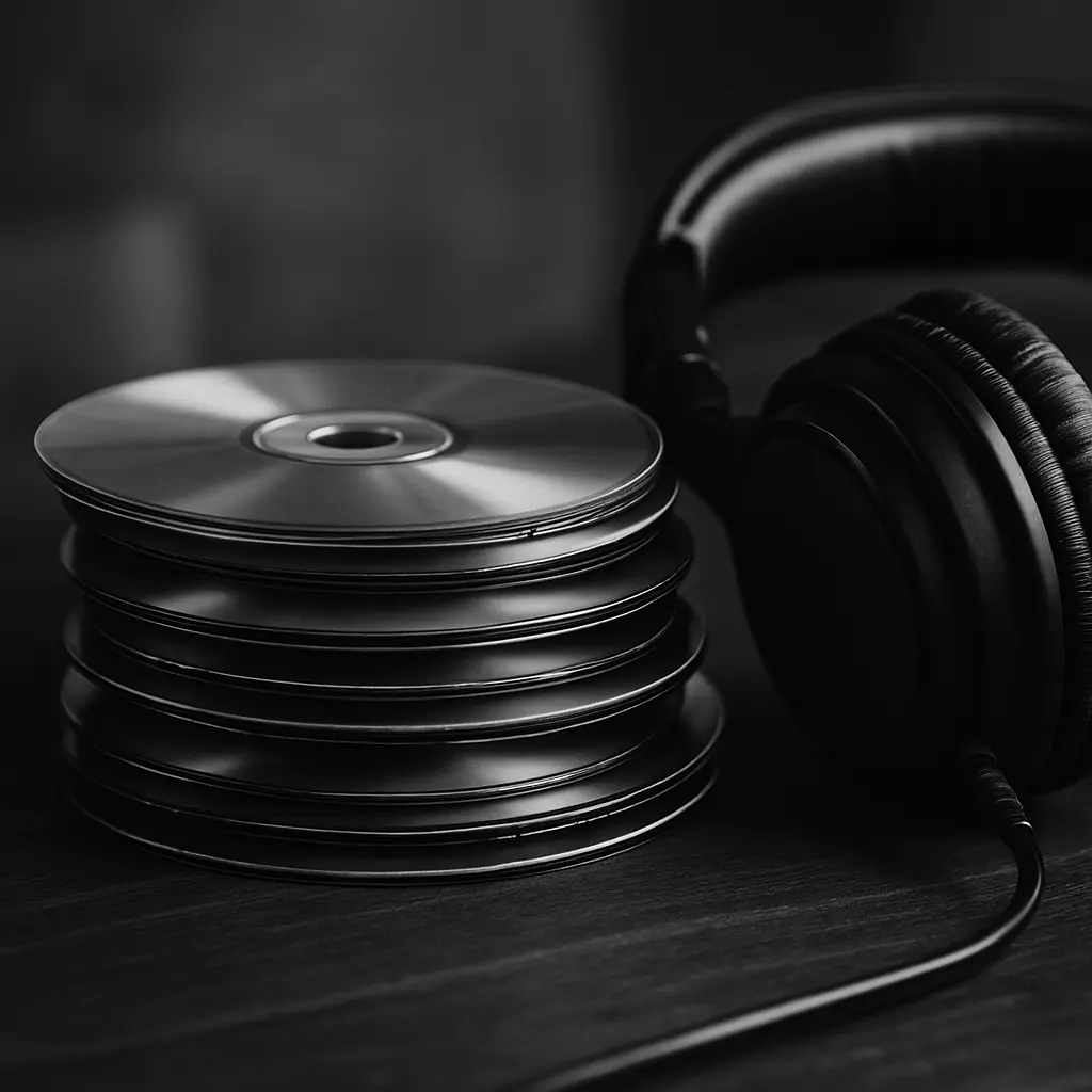 Black and white photo of stacked CDs beside a pair of headphones on a dark surface.