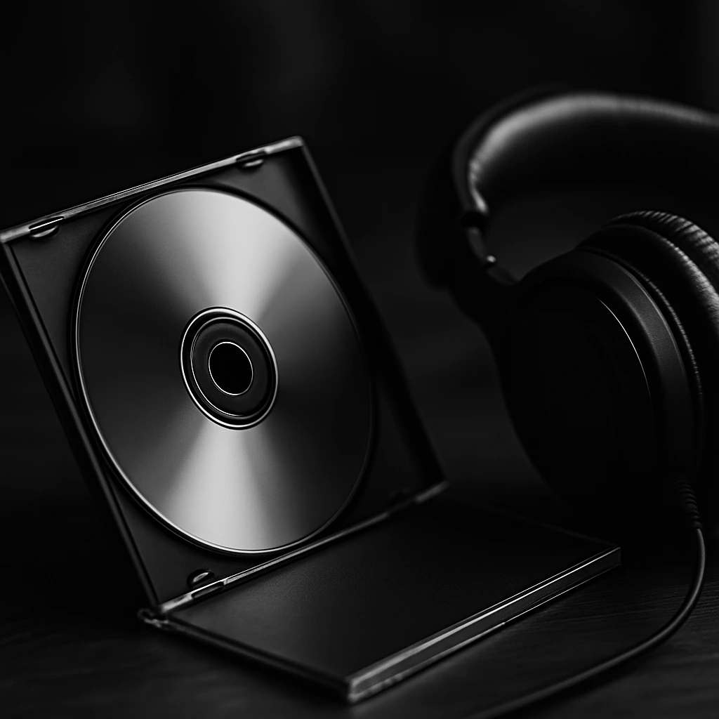Black and white photo of an open CD case with a disc next to a pair of headphones.