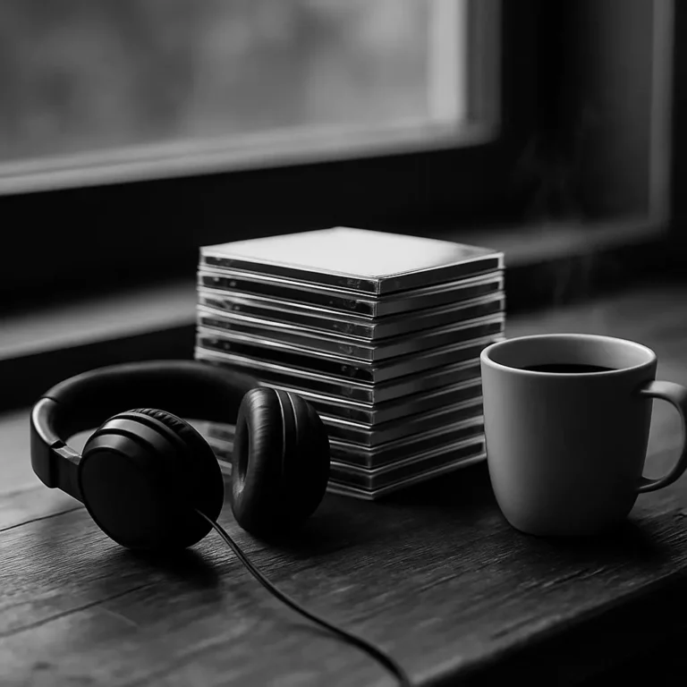 Black and white photo of headphones, a stack of CDs, and a steaming coffee cup by a window.