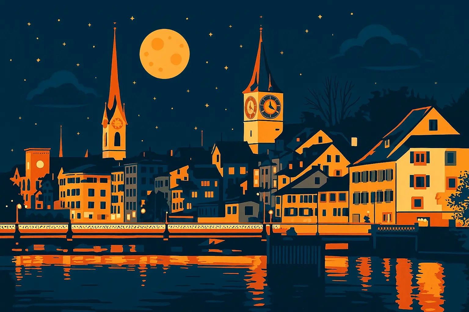Stylized night illustration of Zurich with St Peter Church, illuminated buildings, full moon, stars and reflections on the Limmat River.