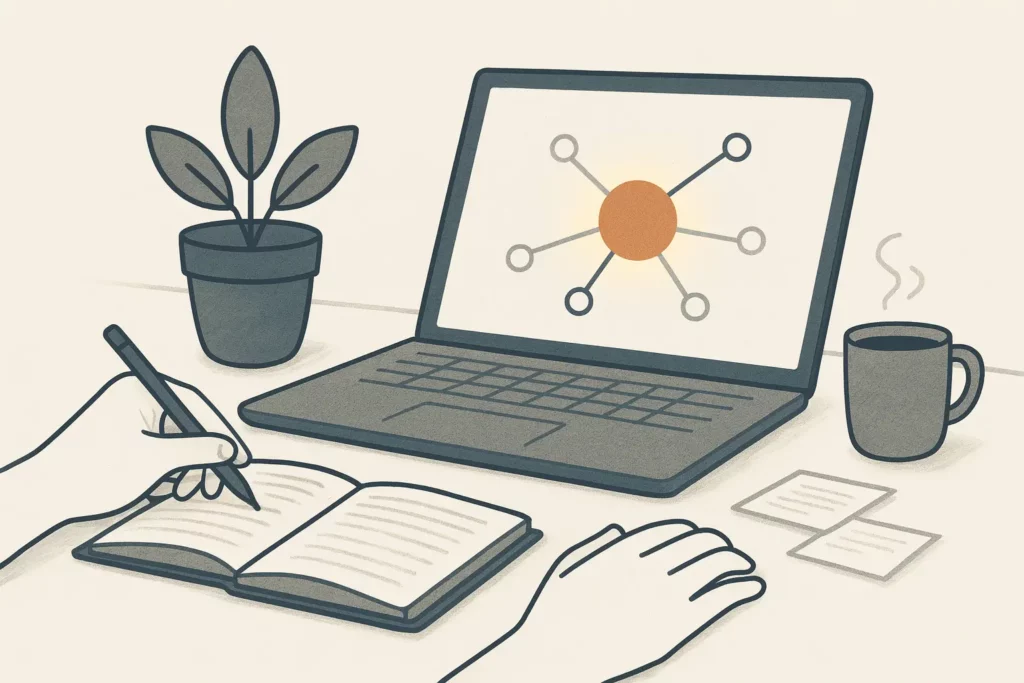 Modern editorial vector illustration of organised studying with laptop mind map, notebook, coffee and calm workspace.