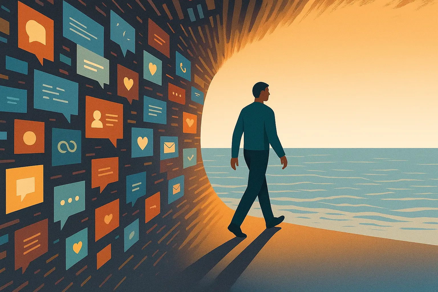 Man walking from a tunnel of digital notifications toward a calm ocean in a muted modern vector illustration symbolising digital detox and mindfulness.