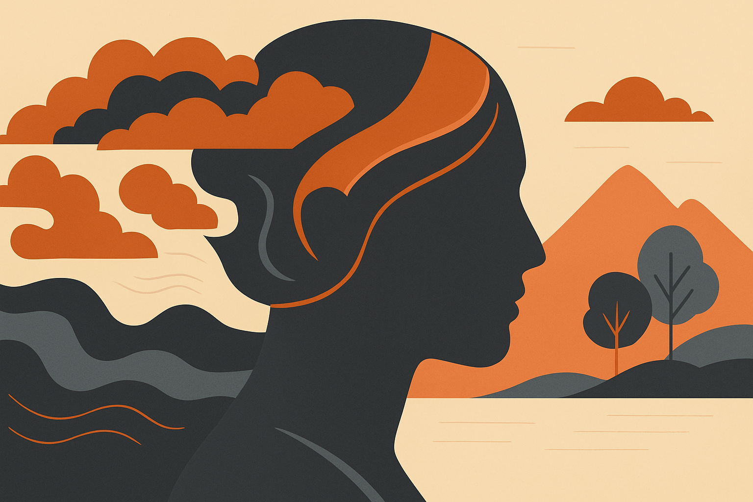 Stylised modern vector illustration of a woman’s profile with flowing hair blending into clouds and a landscape, created in an Ink and Ember colour palette with beige, copper and slate grey accents.