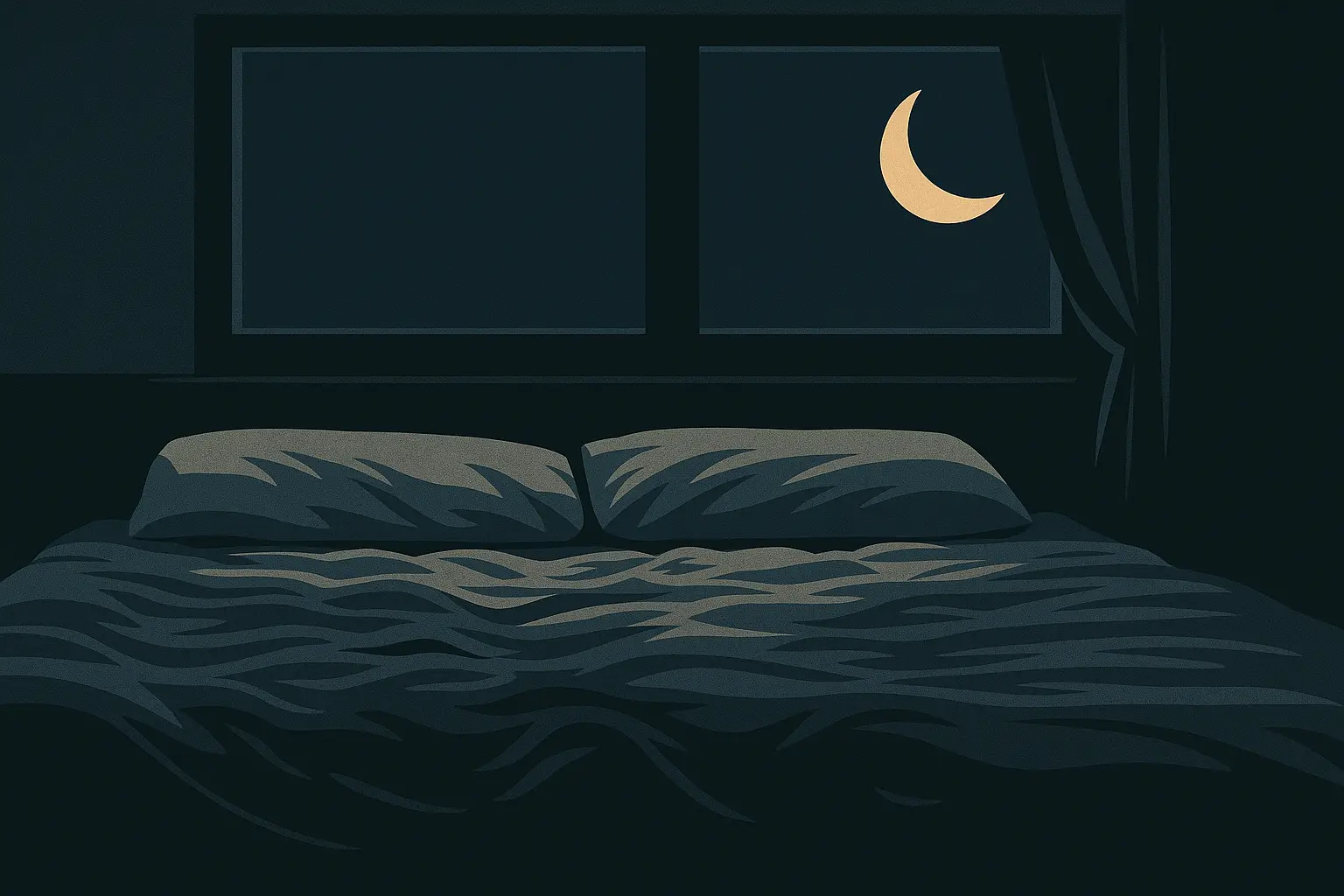 Modern editorial vector illustration of a dark bedroom at night with bed and moonlight, symbolising sleep disruption during night shifts.