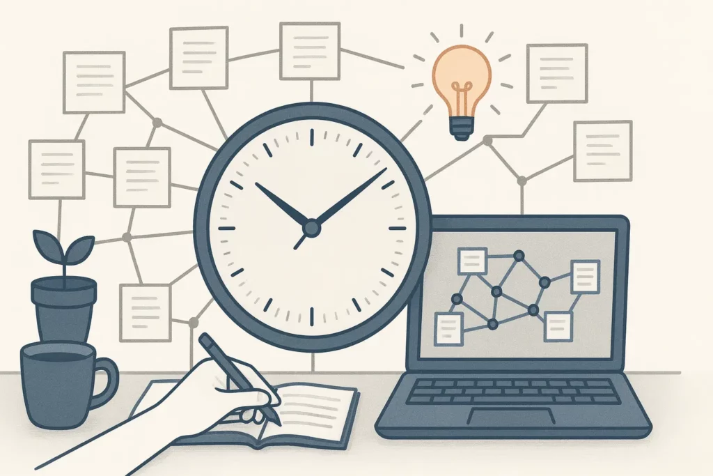 Modern editorial vector illustration of a weekly second brain maintenance ritual with clock, laptop, notebook, coffee and connected notes.