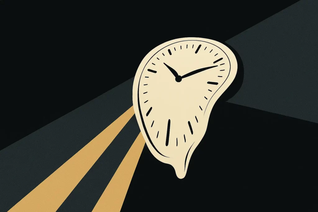 Surreal editorial vector illustration of a melting clock symbolising disrupted circadian rhythm in night shift work.
