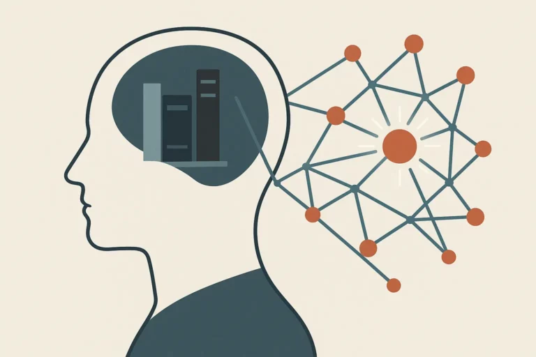 Editorial vector illustration of a digital second brain concept with knowledge network, bookshelf and connected ideas.