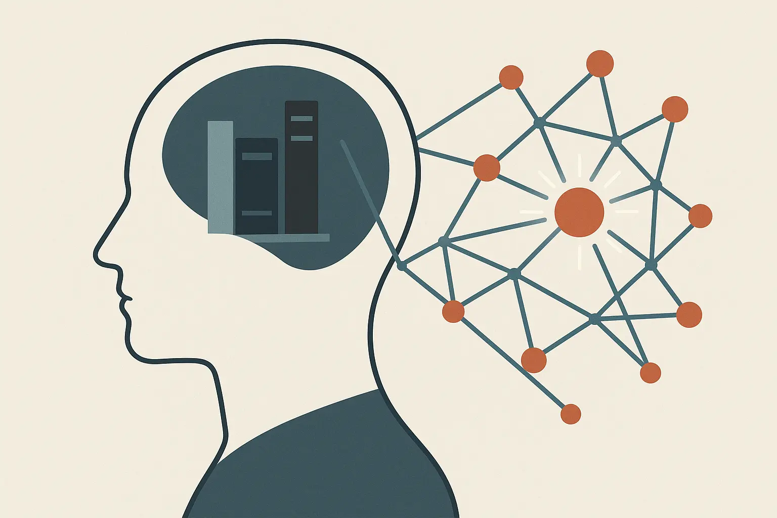 Editorial vector illustration of a digital second brain concept with knowledge network, bookshelf and connected ideas.