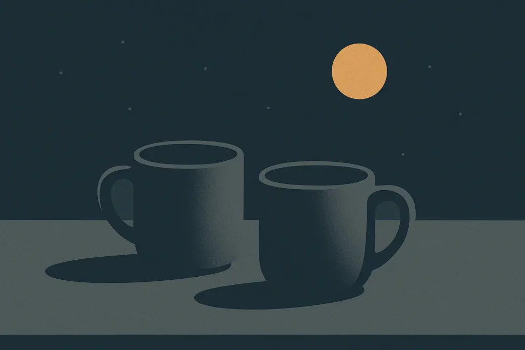 Minimal editorial vector illustration of two coffee mugs at night symbolising connection during night shifts.