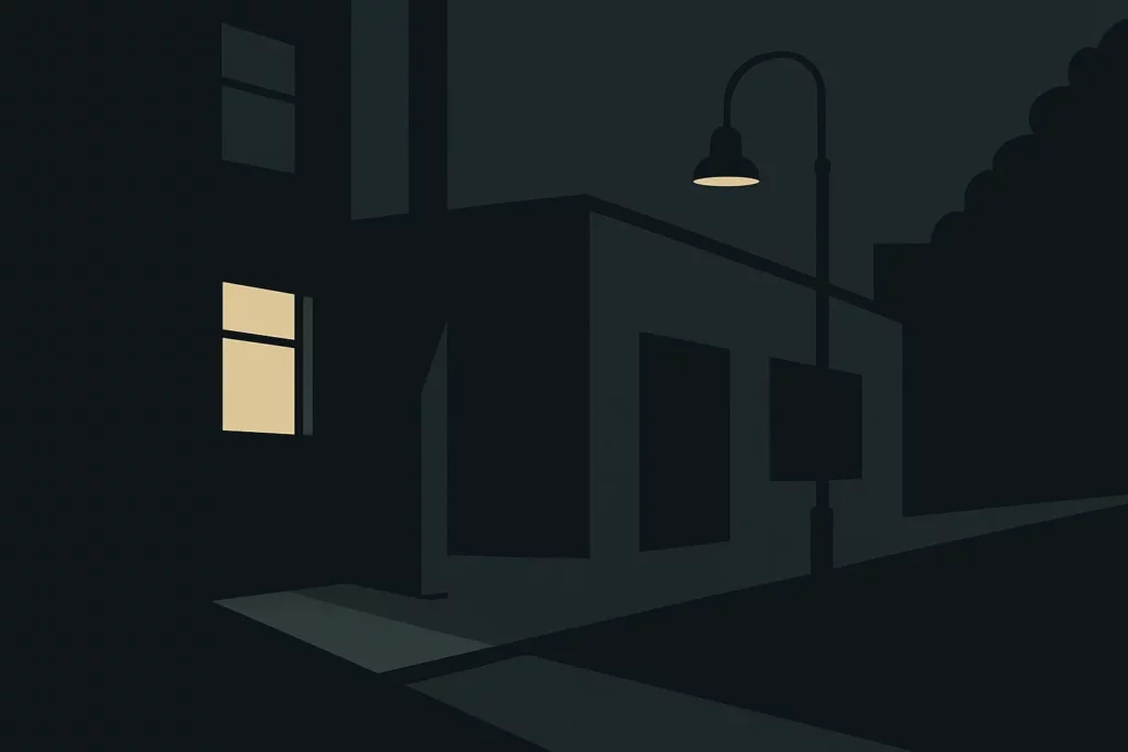 Editorial vector illustration of an empty street at night with a single lit window and streetlamp.