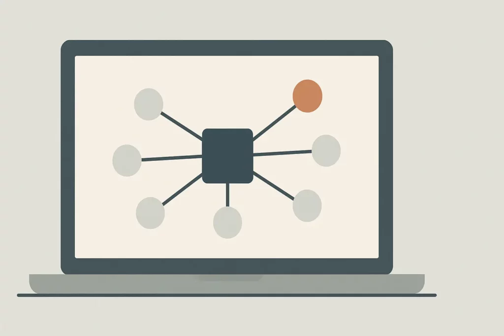 Minimal editorial vector illustration showing a computer screen with connected notes representing a second brain system.