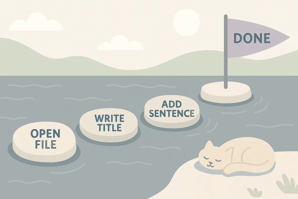 Stepping stones labeled “Open File,” “Write Title,” and “Add Sentence” cross a blue-gray river toward a pastel “Done” flag, with a beige cat resting on the riverbank. Minimal muted Scandinavian color palette.