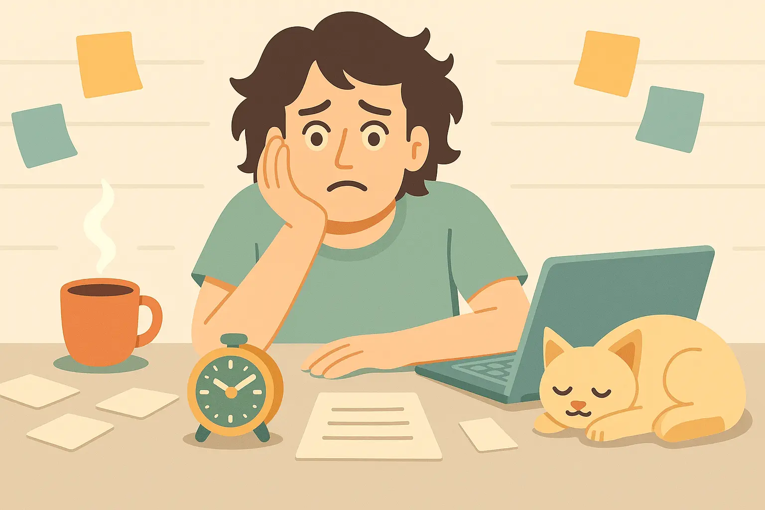 Stressed young adult sits at a cluttered desk with a warm coffee mug, alarm clock, laptop, and sleeping beige cat. Muted, cozy Scandinavian vector style.