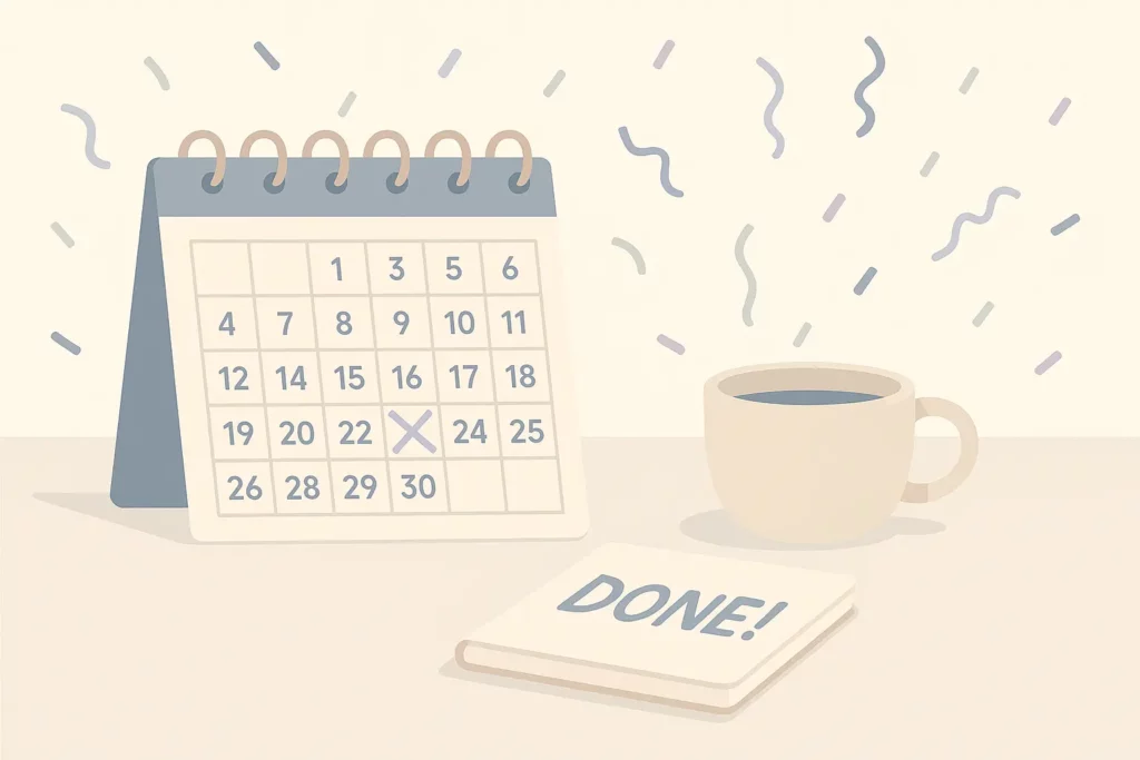 Minimalist desk scene with a calendar showing the last day checked off in pastel lilac, confetti in muted blue and green, a beige mug, and a notebook labeled “Done!”